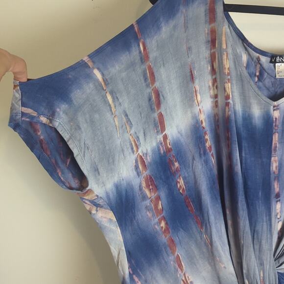 Tie-dye Cold Shoulder Boho Stretch Jersey Knit Knotted Top Women's 1X - Picture 3 of 8